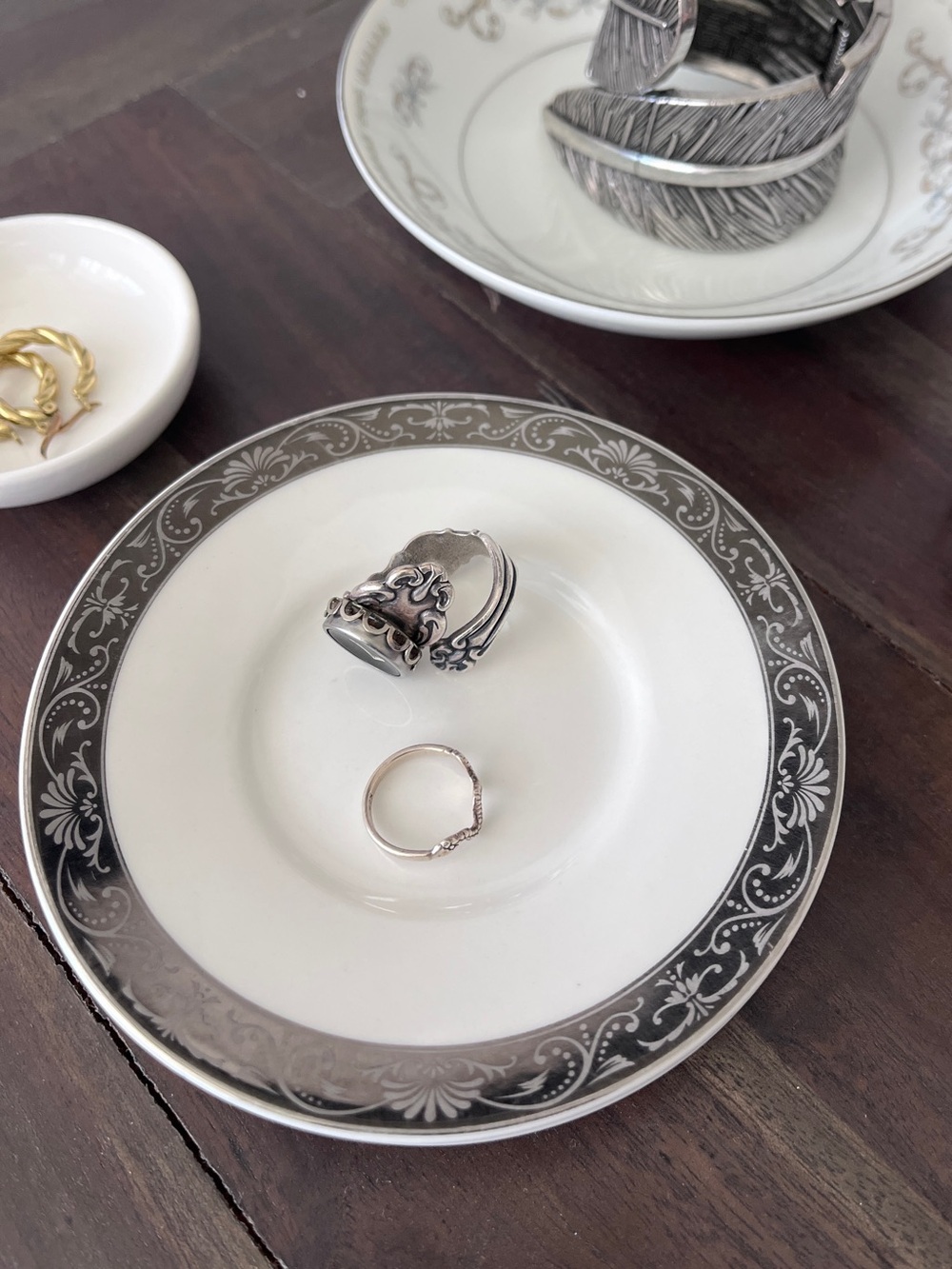 Vintage Silver White Chinese Porcelain Jewelry & Trinket Tray